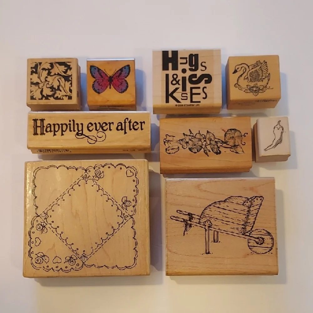 Rubber Stamps Set Of 9 Gardening Floral Swan Butterfly Pepper Wedding Hugs Kiss